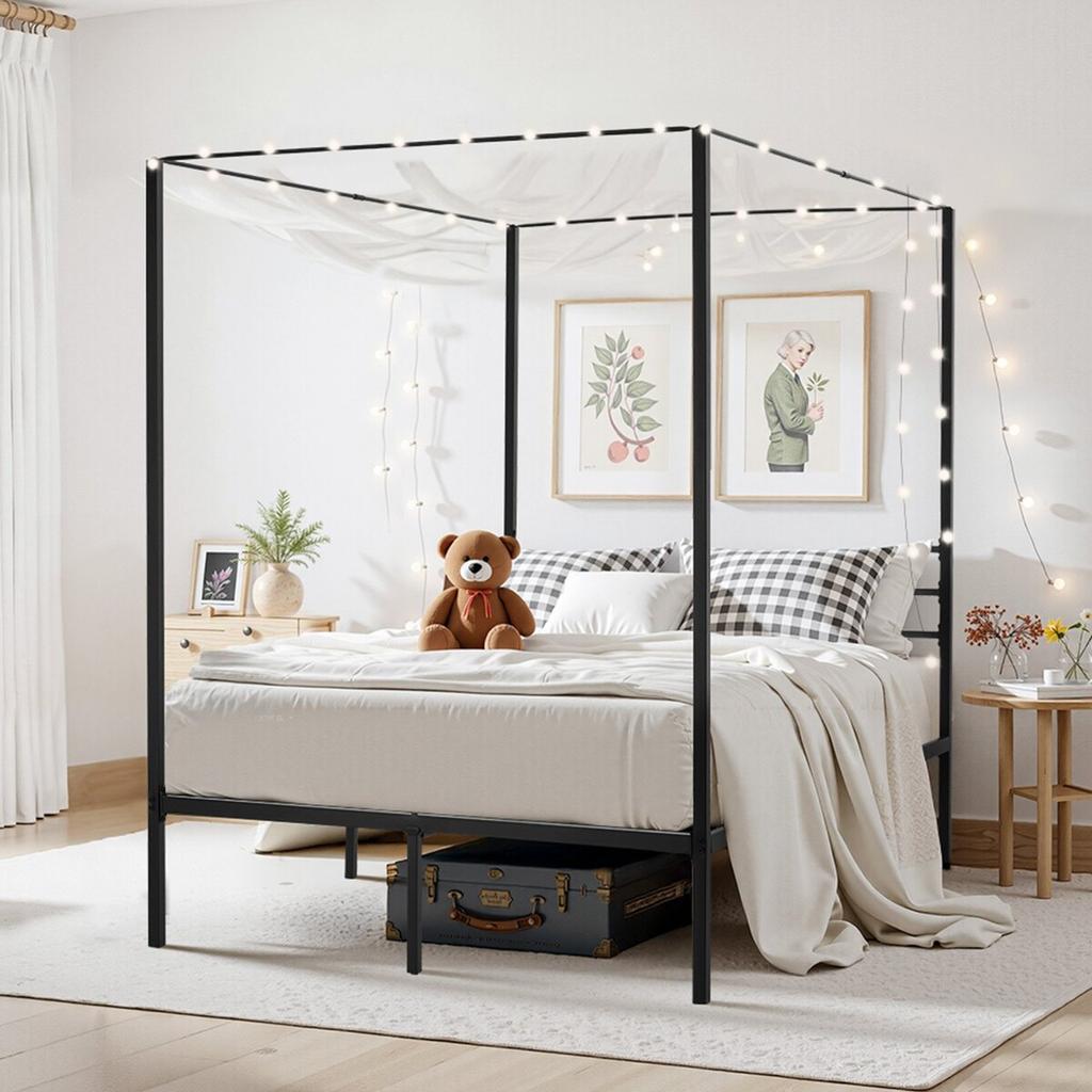 Full Size Canopy Bed Frame, Metal Canopy Bed with Four Posters Design, Heavy Duty Steel Slats Support, Underbed Storage Space, No Box Spring Needed,