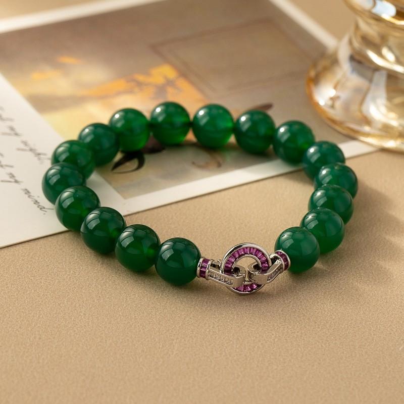 Green Chalcedony Beaded Necklace Women Elegant Chinese Style Pendant With Zircon Accents Adjustable Chain Gift Mom Bracelet