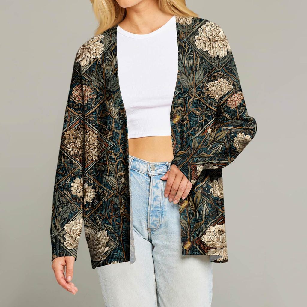 Dame Mote Langermet Juleprint V-Hals Knapper Løs Cardigan Topp
