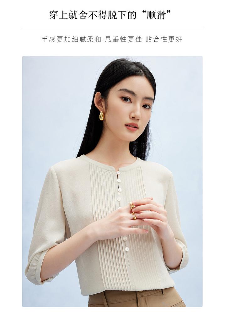 Selected Silk Ghost Crepe Summer Round Neck Organ Fold Design Solid Color Heavy Weight Mulberry Silk T-shirt for Women