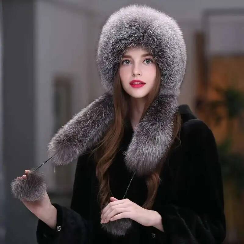 Fox Fur Hat Women Winter Scarf Hat Warm Ear Protection Cap Female Outdoor Thick Warm Fur Hats Russians Fashion Fluffy Fur Hat