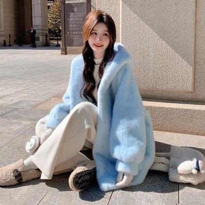 Damen Blauer Kapuzenmantel Locker Dick Warm Kunstfelljacke Langarm Frühling Herbst Oberbekleidung