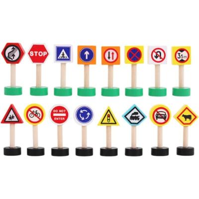 16pcs/set Wooden Traffic Signs for Preschool Learning and Train Track Play,  Mini Traffic Signs Model Toy Road Block Children Safety Education Toy