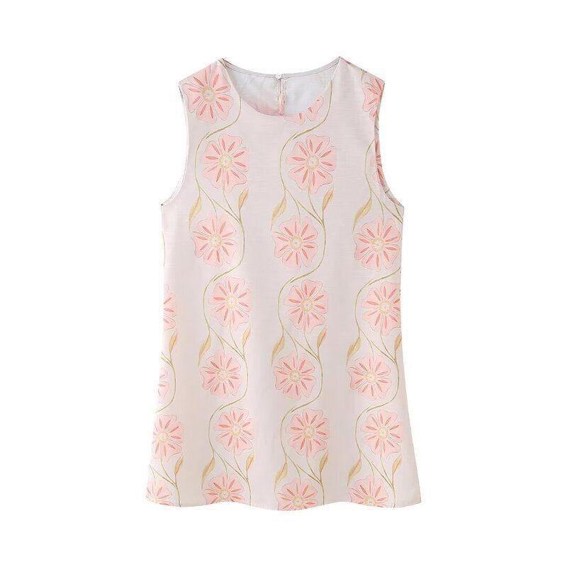 Fashion Style 2024 Summer New Arrival Women's Clothing Slim Looking Linen Pink Flower Loose All-Matching Sleeveless Dress