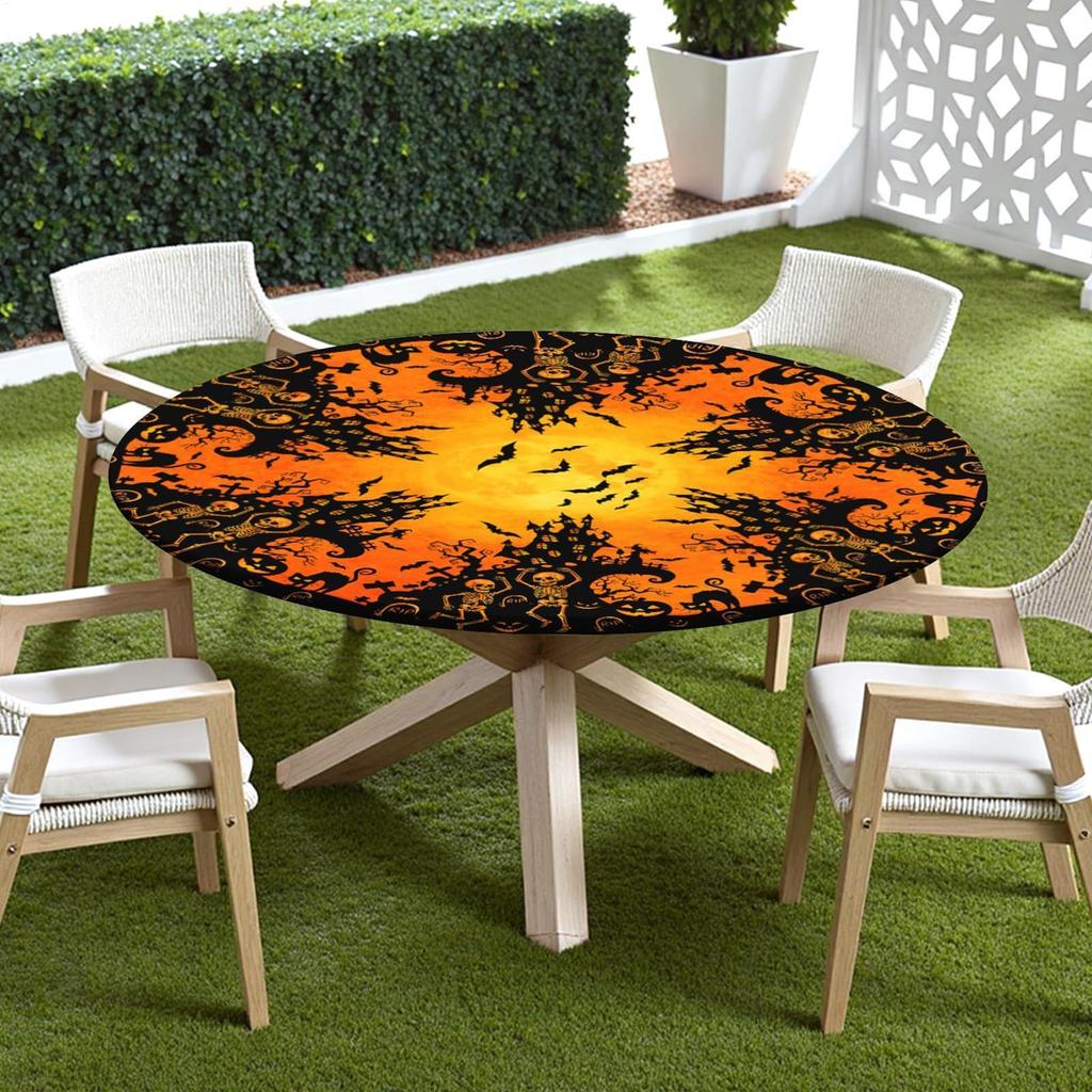 Halloween Fitted Tablecloth Pumpkin Skull Bat Pattern Reusable Protector Halloween Theme Table Cover For Party Dining BBQ