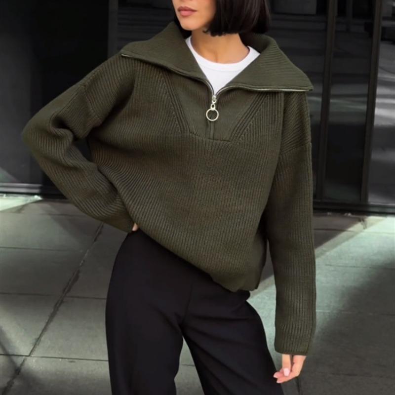 New Retro Long-sleeved Top Loose Design Lapel Zipper Pullover Knitted Sweater