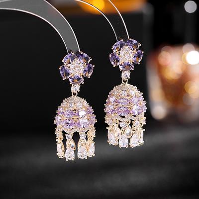 Women's Light Luxury Ethnic Style Colorful Zirconia Vintage Earrings Elegant and Fashionable Versatile Tassel Wind Bell Earrings