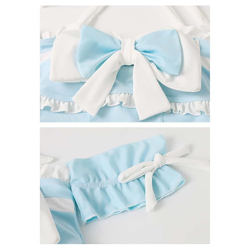 [Cosplay Kingdom] Lolita-style frilly swimsuit, ribbon decoration, off-shoulder, one-piece swimsuit (JP, alphabet, L, girls (small), light blue)