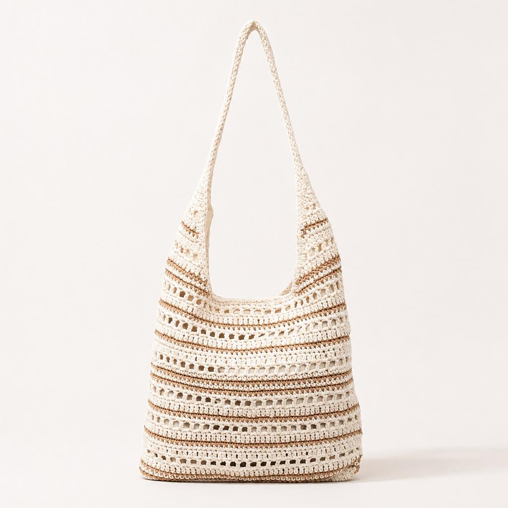 New Hollowed Out Straw Woven Bag, Handmade Striped Woven Bag, Large Capacity Single Shoulder Women's Bag, Tote Bag, Vacation Beach Bag