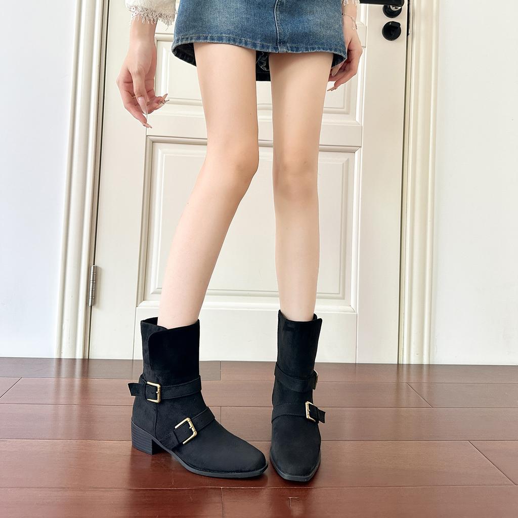 New foldable thick heel square head belt buckle short boots women's short western boots retro thin boots women's