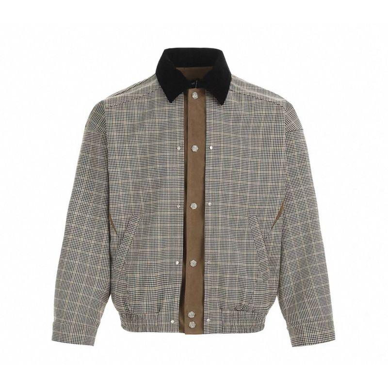 

Cabbage Coke American vintage Houndstooth Mountain Carving Color Matching Suede Collar Ferret Fur Short Width Jacket Men Apricot color XL