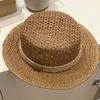 Sun Protection Straw Boater Hat Lightweight Breathable Mesh Handwoven Sun Cap Wide Brimmed Adjustable Flat Top Beach Hat