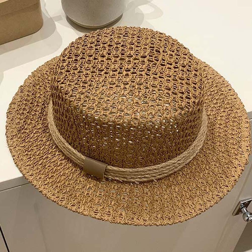 Sun Protection Straw Boater Hat Lightweight Breathable Mesh Handwoven Sun Cap Wide Brimmed Adjustable Flat Top Beach Hat
