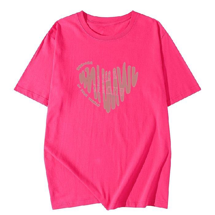 Plus Size Cotton T-Shirt - Women's Summer Short Sleeve Pink Heart Mid-Length Loose European Style