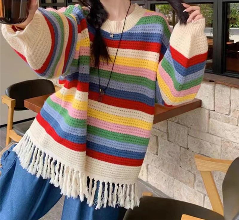 Autumn New Rainbow Striped Hollow Sweater Women's Fashionable Loose Design Tassel Knit Sweater