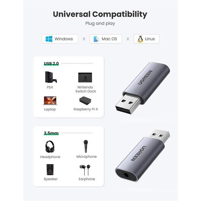 Carte Son Externe - UGREEN - Adaptateur USB Audio - Compatible PS5/PS4 - Réduction du bruit - Son haute-fidélité