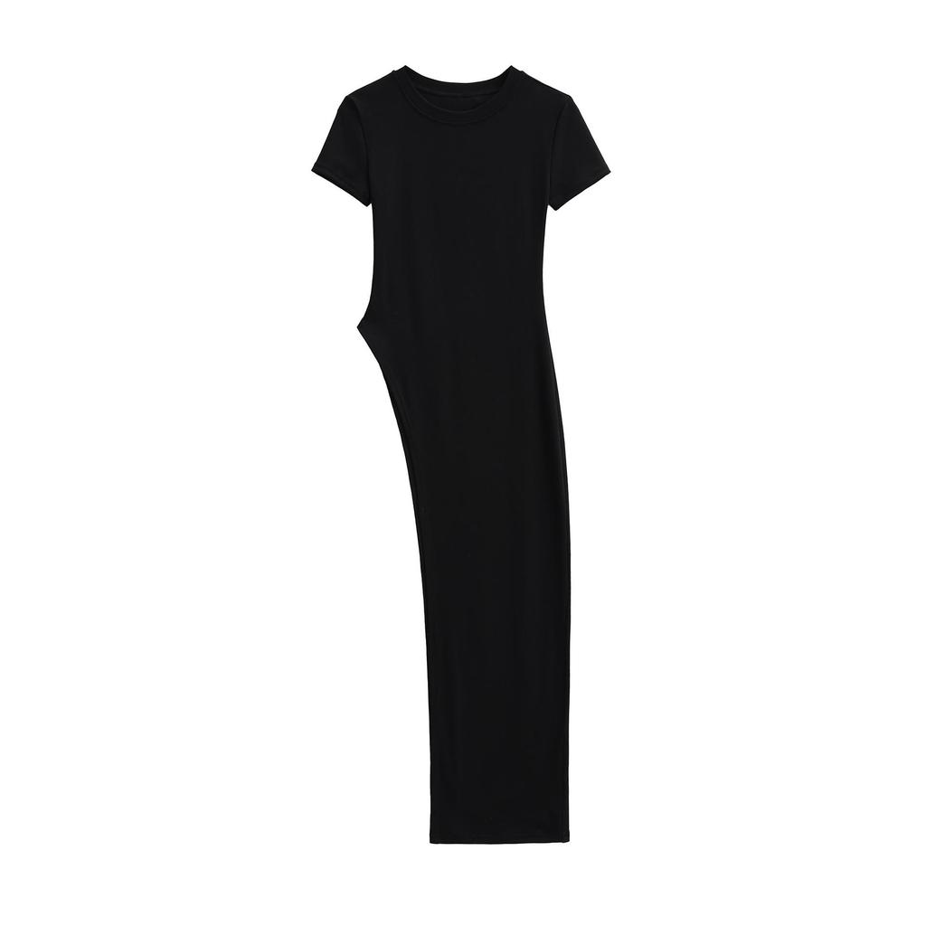 European & American Irregular Split Round Neck T-shirt Dress with Long & Short Sleeves – Women's Slim Fit Base Layer Top