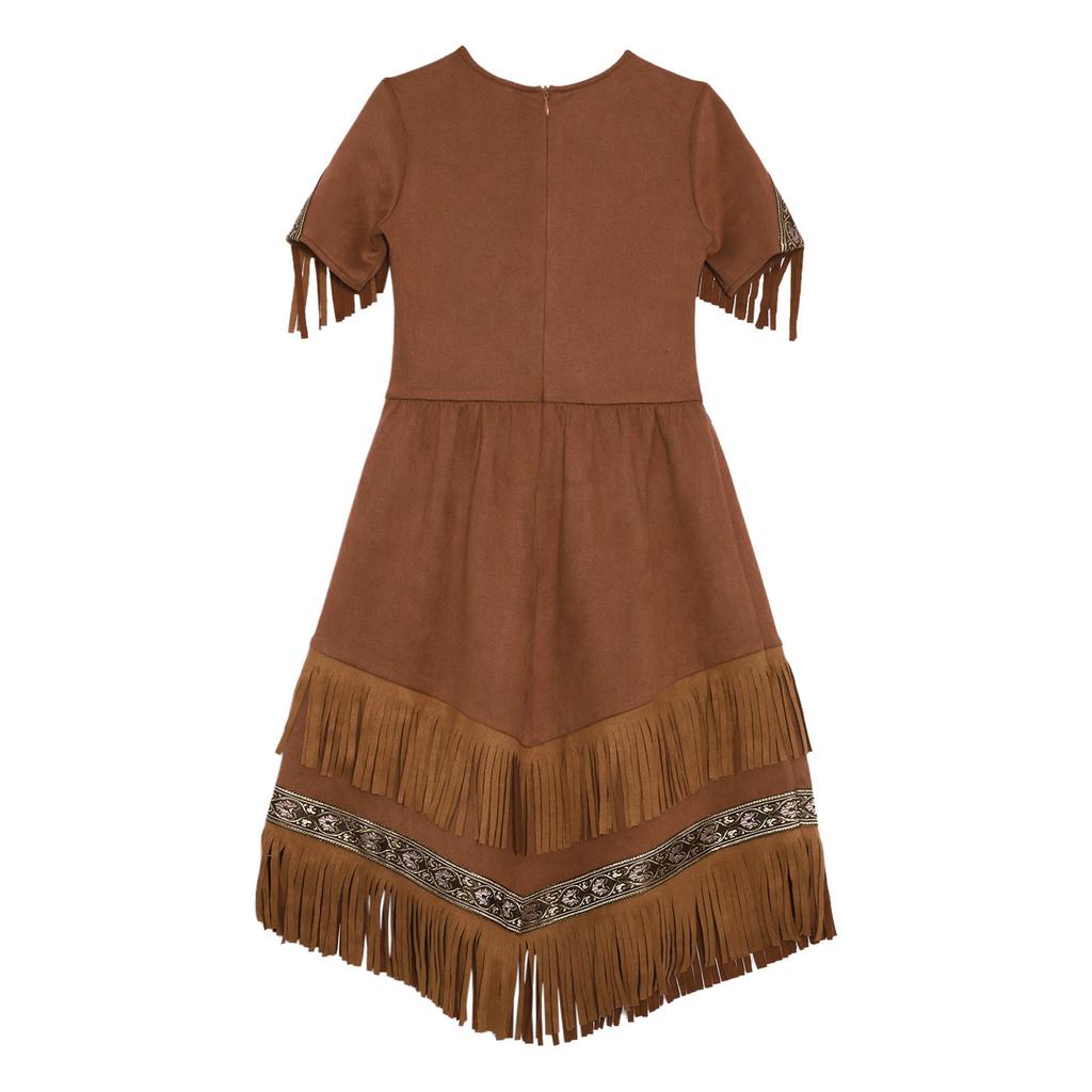 Girls Fringe Hem Dress Double Layer Tassel Decoration Round Neck Short Sleeve Chest Fringes Party Costume