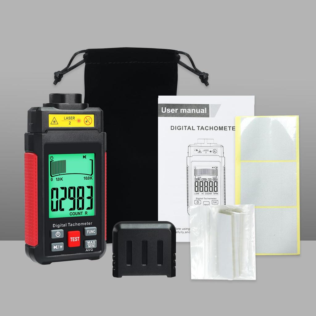 Digital Tachometer with Two Measurement Laser Photoelectric LCD Reflective Tape for and DIY Applications Non-Contact Modes, 10-99999 RPM,
