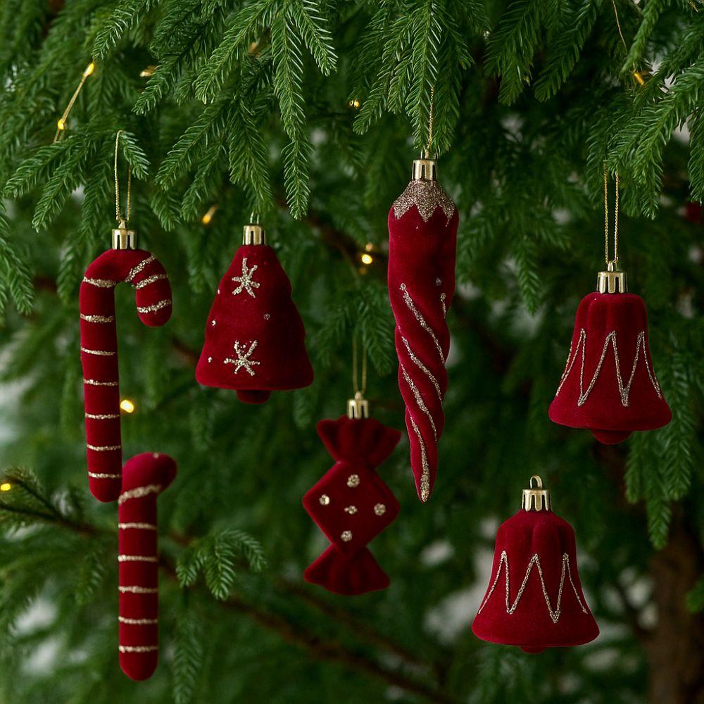 2pcs Flocked Christmas Tree Pendants Red Candy Cane Pendants  Party Decor