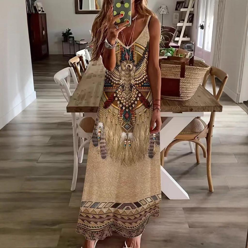 Women's European and American Cross-border New Women's Clothing Fashion Casual Printing Suspender Dress Long Dress Source Factory Hair