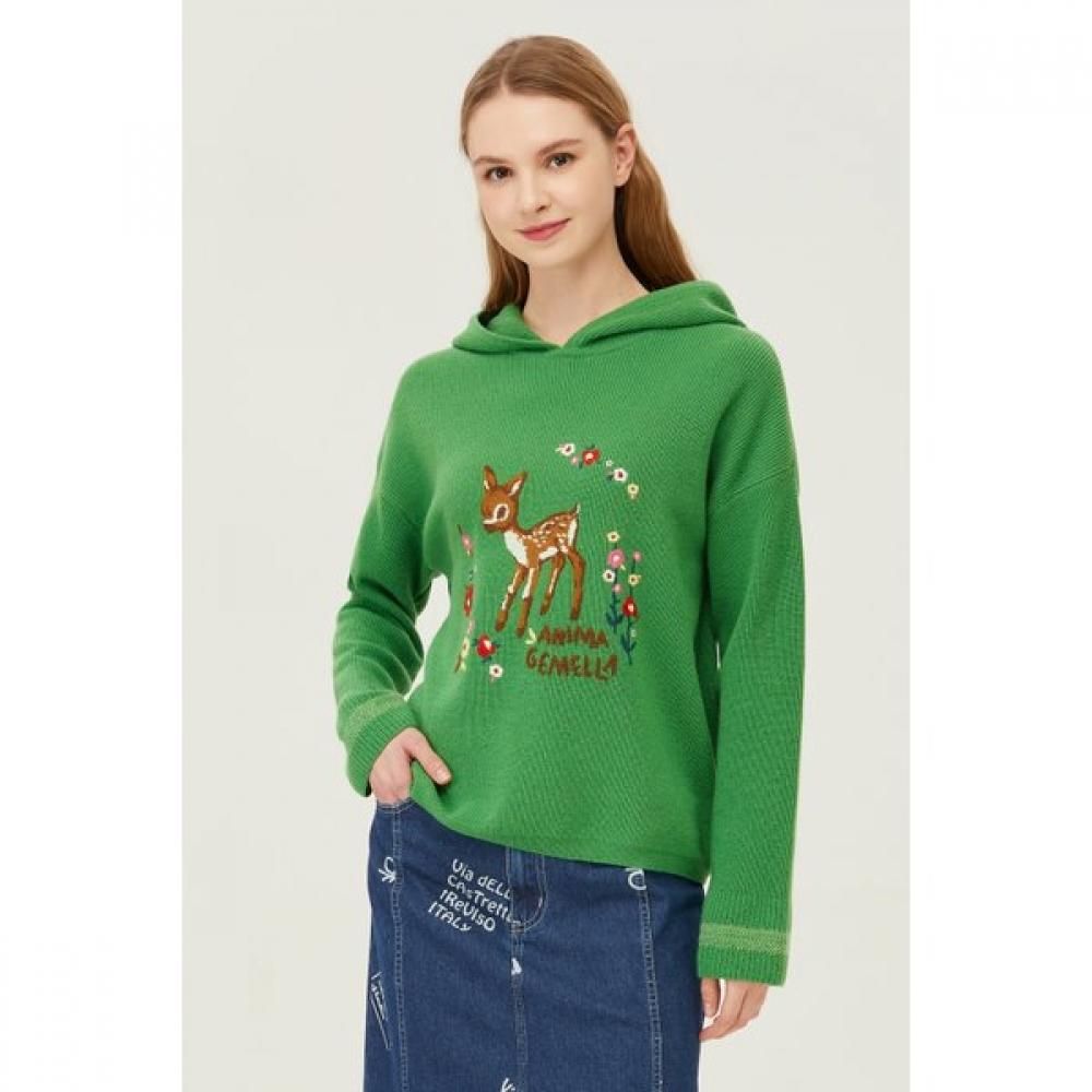 Benetton Deer Embroidered Hachi Hoodie Knit Bakp03411 TQ/OS