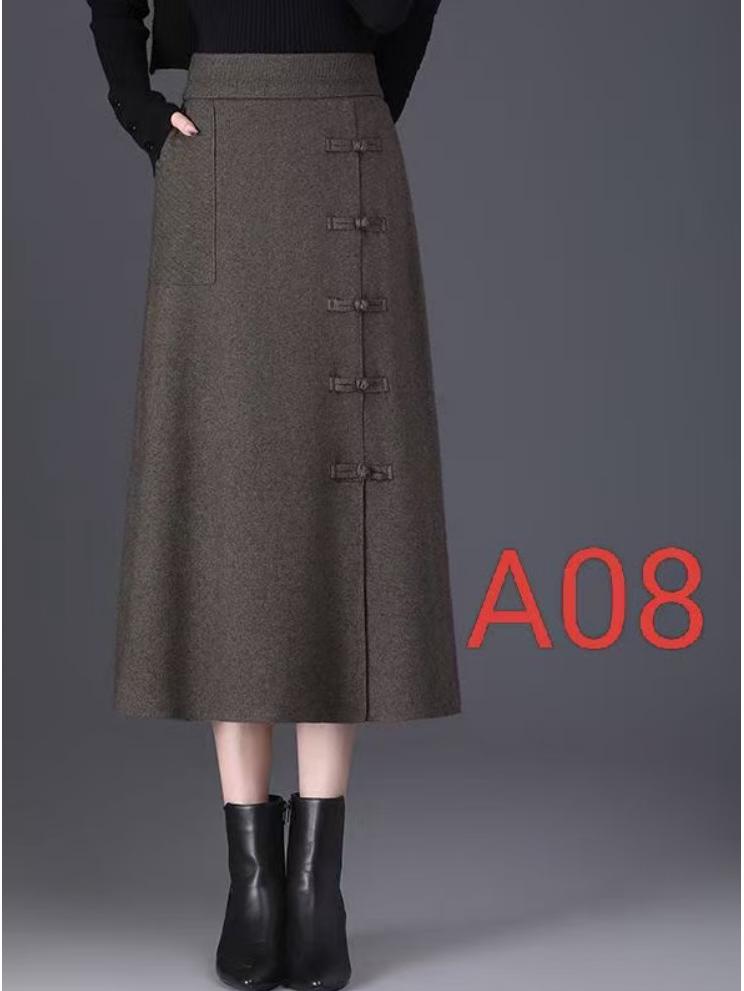 Women's Frog Button Knit Midi Skirt - High Waist, Slimming A-Line for Autumn/Winter 2025