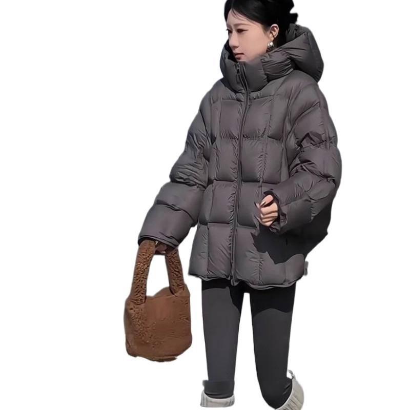 Womens Oversized Hooded Cotton Puffer Jacket In Gray Beige Black Yellow Lightweight Warm Mid-Length Coat Fall Winter