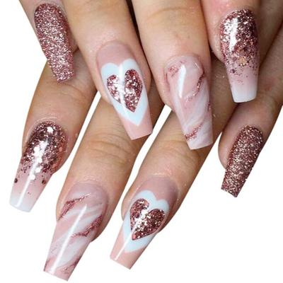Acrylic Press On Nails Artifical Fake False Nails Extension Light Pink with Heart Design and Pink Glitters 24 Pieces Nails Set with Glue Sheet