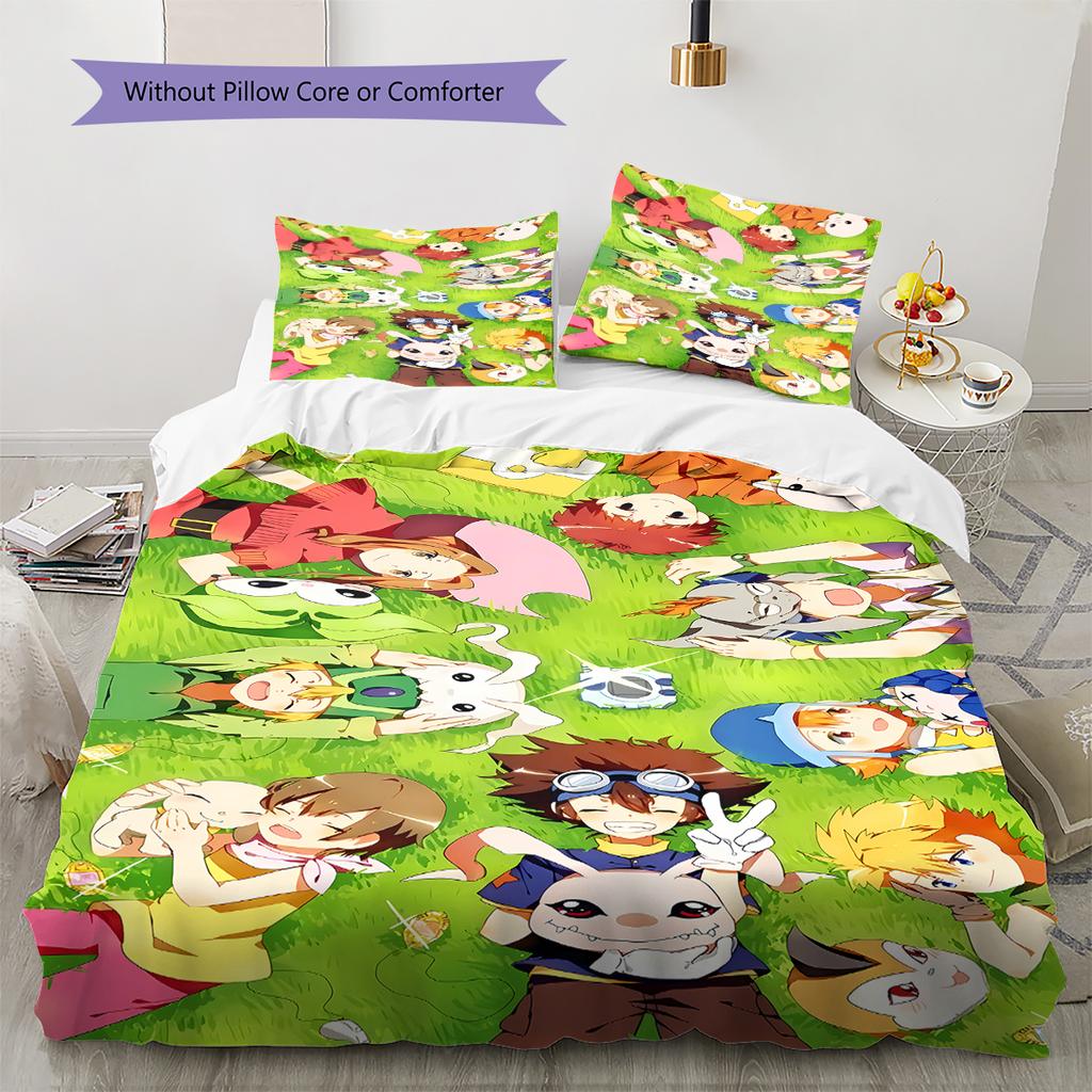 Digimon Adventure Pattern Bedding,Quilt Set Quilt Cover Pillowcase Home Birthday Gift (1 * duvet cover + 2 * pillowcase, without core)