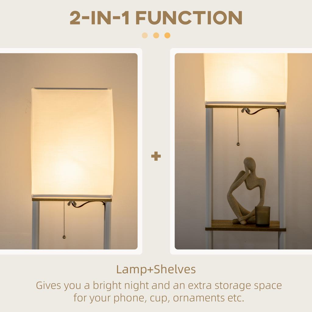 Modern Metal Floor Lamp With Shelves 3 Layer Shelf Tall Standing Lamp With Fabric Lampshade Pull Chain Switch For Living Room Bedroom Bulb Not