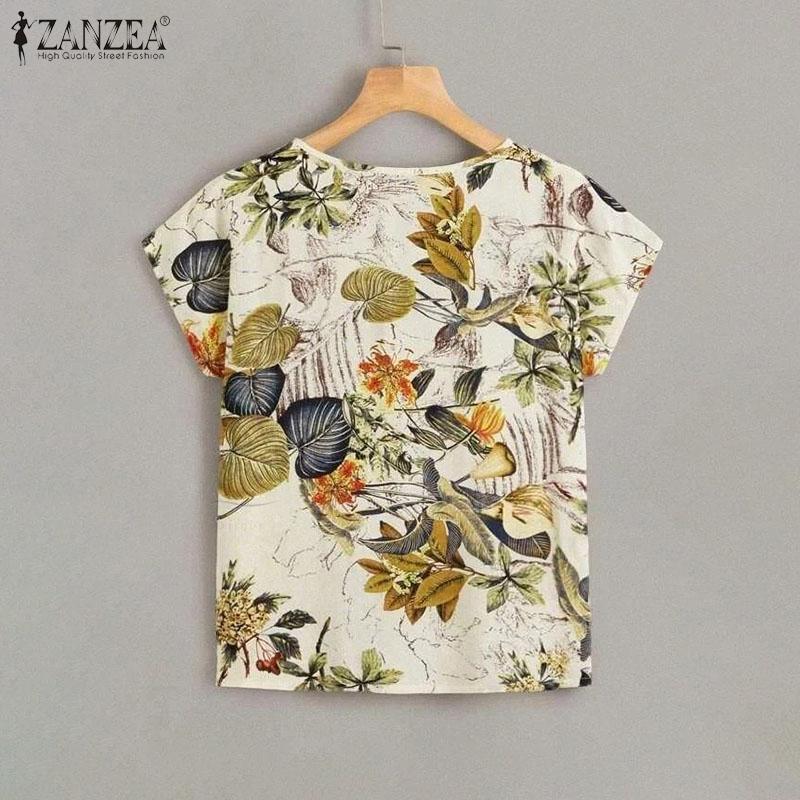 ZANZEA Women Casual Loose Round Neck Short Sleeve Print Blouse