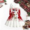 Rochie Midi cu Imprimeu de Crăciun pentru Femei, Mânecă Lungă, Decolteu în V, Margine Blănoasă, Croială A-Line, Rochie de Petrecere, Ediție Limitată de Crăciun