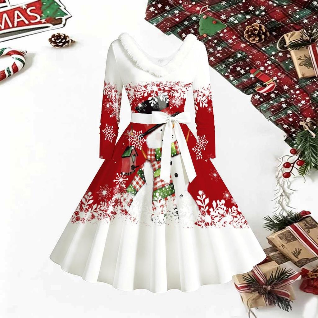 Rochie Midi cu Imprimeu de Crăciun pentru Femei, Mânecă Lungă, Decolteu în V, Margine Blănoasă, Croială A-Line, Rochie de Petrecere, Ediție Limitată de Crăciun