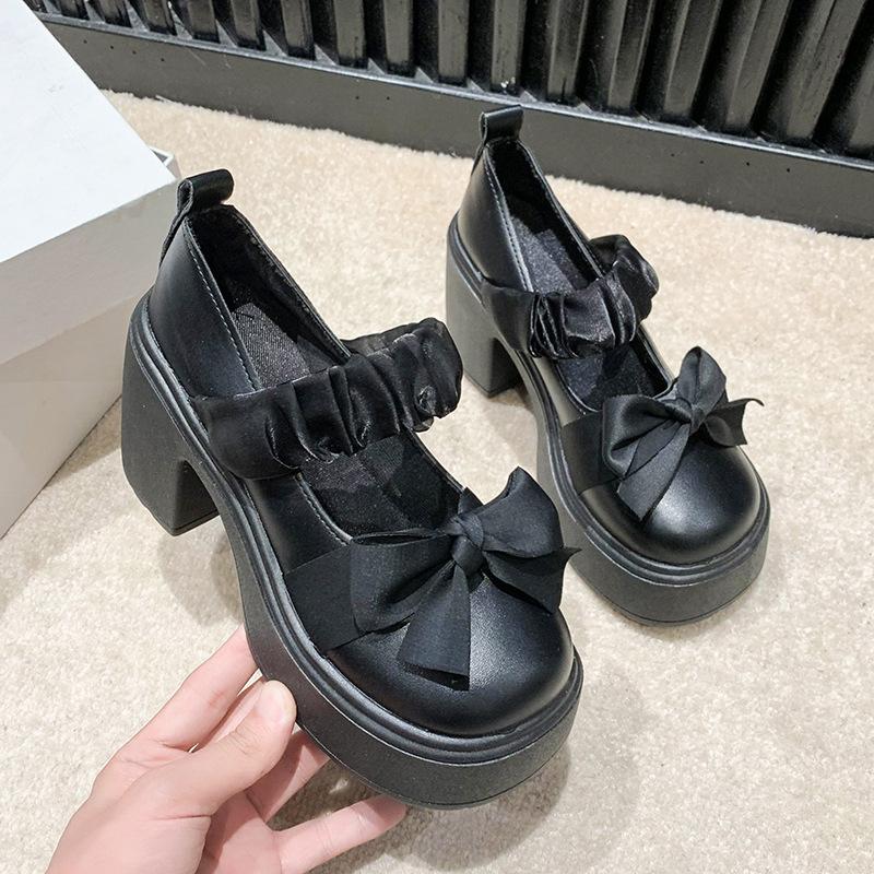

Французские туфли Мэри Джейн на резинке, маленькие кожаные туфли, новинка 2025 года, на толстой подошве-маффин, на толстом каблуке, одинарные туфли, женская музыка на одну педаль 40 чёрный