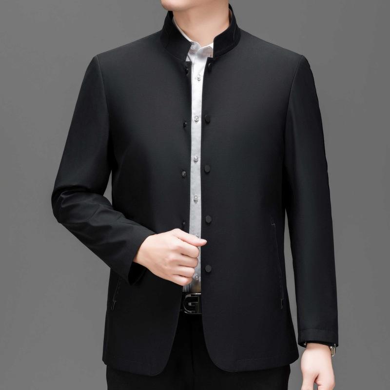 

Весна и осень китайская туника куртка мужская повседневная с воротником-стойкой деловая шелковая куртка из шелка тутового дерева для пап среднего возраста топ на пуговицах 195