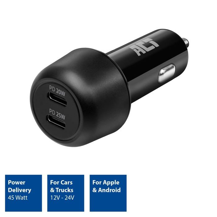 Chargeur de voiture usb-c - act - ac2200 - 45 w - charge rapide - 2 ports usb-c