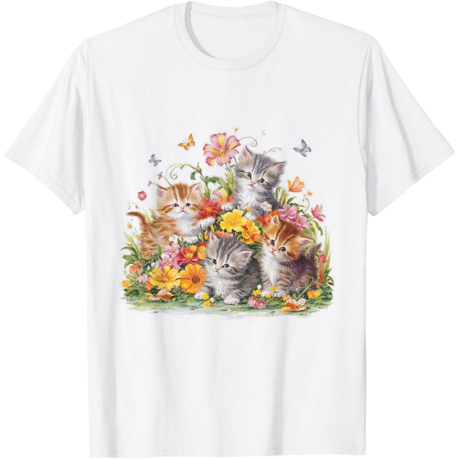 Floral Vintage Aesthetic Painted Kittens and Pressed Flower T-Shirt S