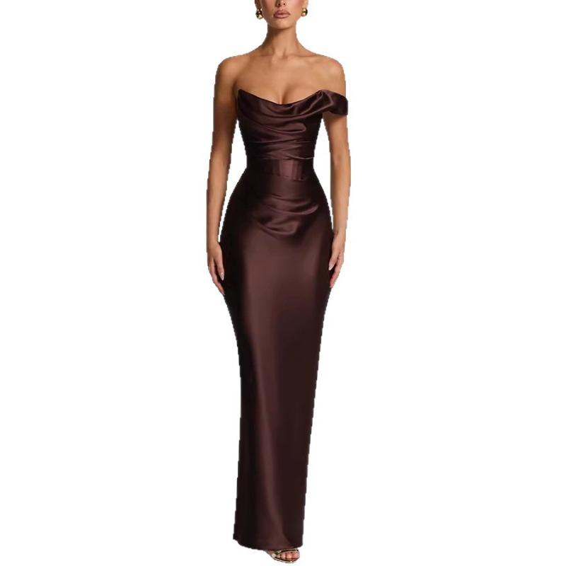Fashion Women's Satin One Shoulder Long Dress Bandage Pleated Backless Sleeveless Dresses Summer Lady Party Evening Robes new