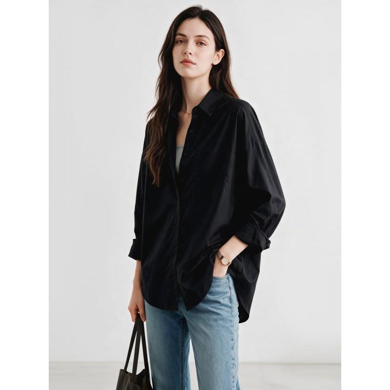 Womens Long Sleeve Cotton Shirt 2026 Loose Fit POLO Collar Minimalist Office Wear Pure Color