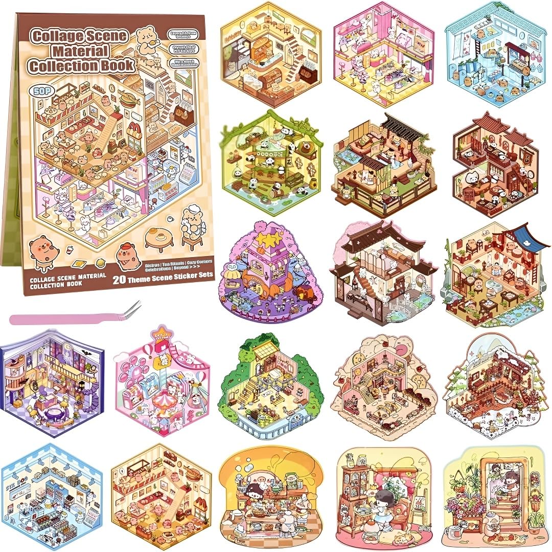 

Crudetea 3D Sticker Scene Book 20 DIY House and Room Stickers Healing Set Create Original Scene Designs Fun Gift for Girls
