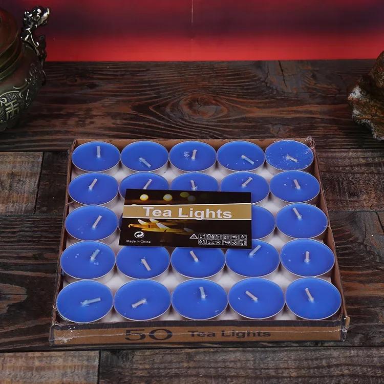 

50 pieces of Round paraffin wax candle romantic layout smokeless wedding lover proposal confession smokeless tea wax candle jars синий