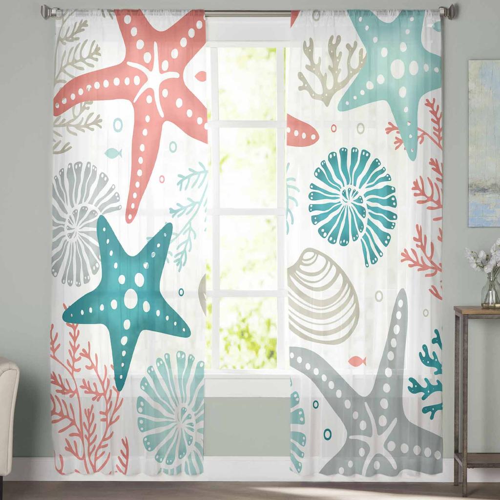 Sommer Ozean Koralle Seestern Muschel Ente Grün Blau Transparente Vorhänge Gazevorhang für Wohnzimmer Schlafzimmer Voile-Garn Vorhänge