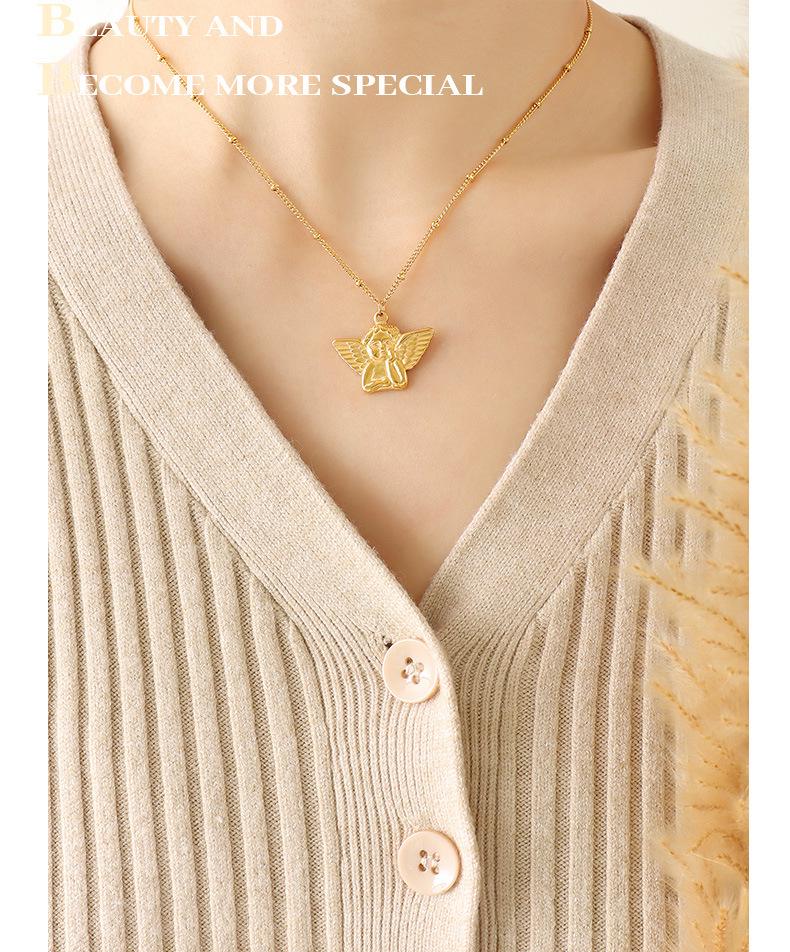 Women's 18K Gold Angel Pendant Necklace - European & American Hip Hop Style, Titanium Steel Clavicle Chain