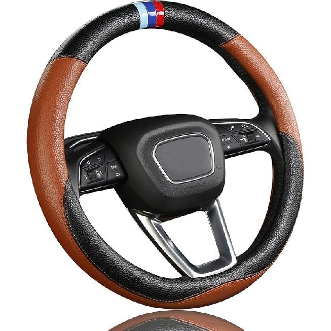 Steering Wheel Cover For BMW Leather Car Steering Wheel Covers Universal For Car SUV Truck With Anti-Slip Lining 14.5-15Inch (Brown)