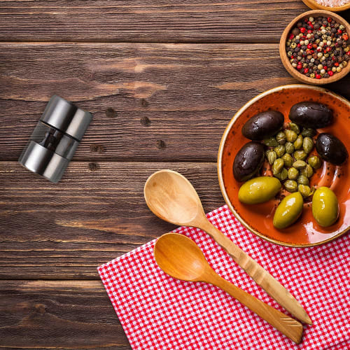 T-mark Premium Sea Salt and Pepper Grinder Set - Spice Mill, Brushed Stainless Steel, and Small Portable Ceramic Salt and Pepper Shakers (2-Pack)