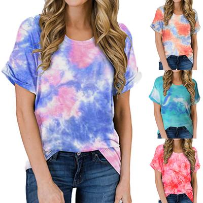 Women's Round Neck Short Sleeve Tie- Print Casual Loose Top T-Shirt Blouse