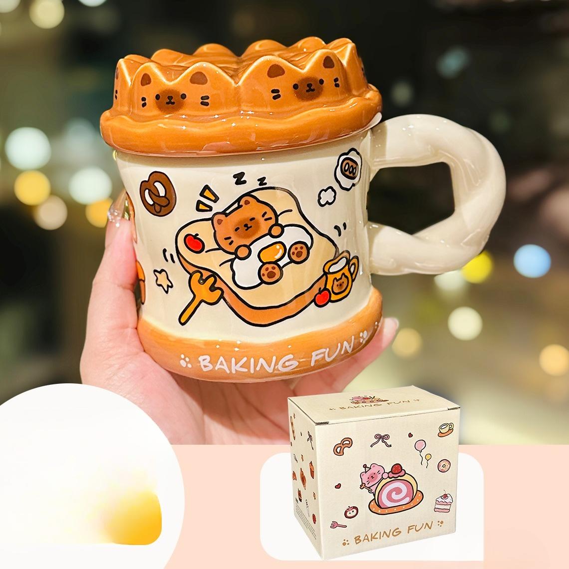 Cute Kitten Cake Ceramic Mug with Lid Cartoon Home Milk Cup for Friends Birthday Gifts and Souvenirs 400ml