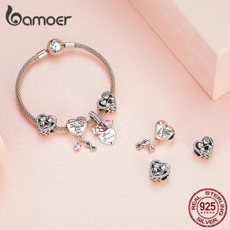 Bamoer Argent 925 Zircon Rose Pendentifs Patte d'Animal Breloques Forme de Cœur Perles Chien pour Bracelet et Collier Femme DIY SCC2434