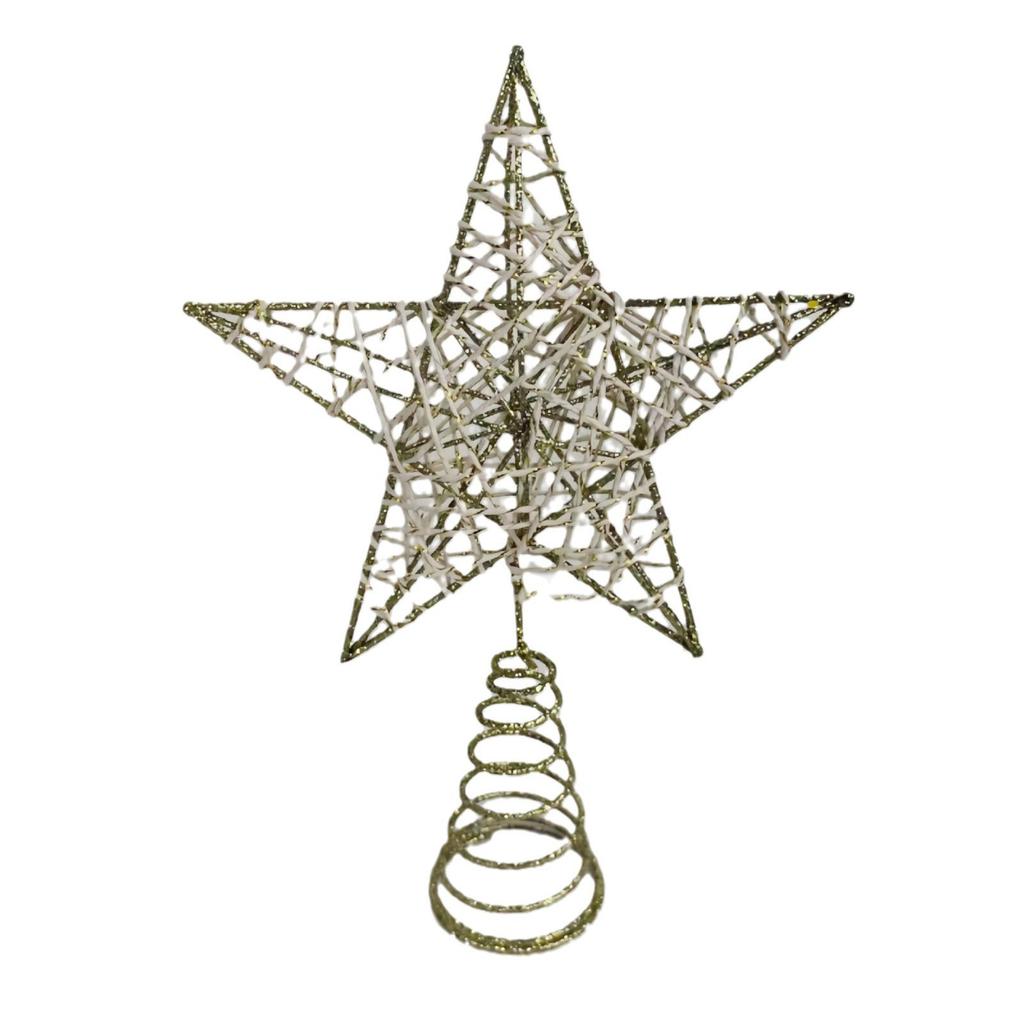 Gold Five-Pointed Star Tree Topper - Rope Wrapped, Hollow Design with Sparkling Powder, Iron Construction for Christmas Decor.